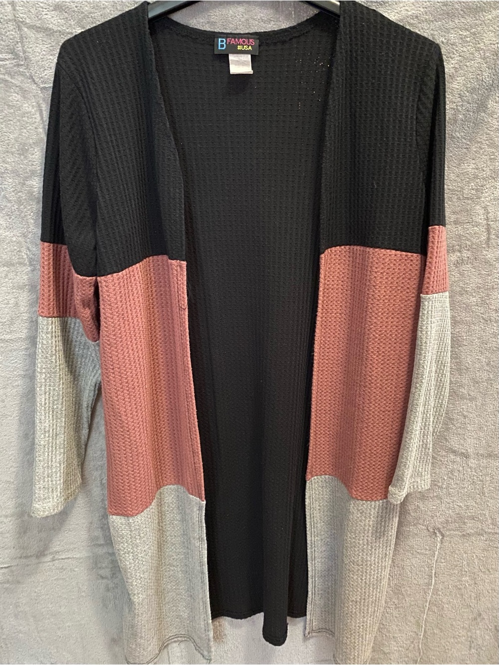 B.Famous #USA Waffle Knit Open Front Cardigan Large Duster Sweater Boho Casual